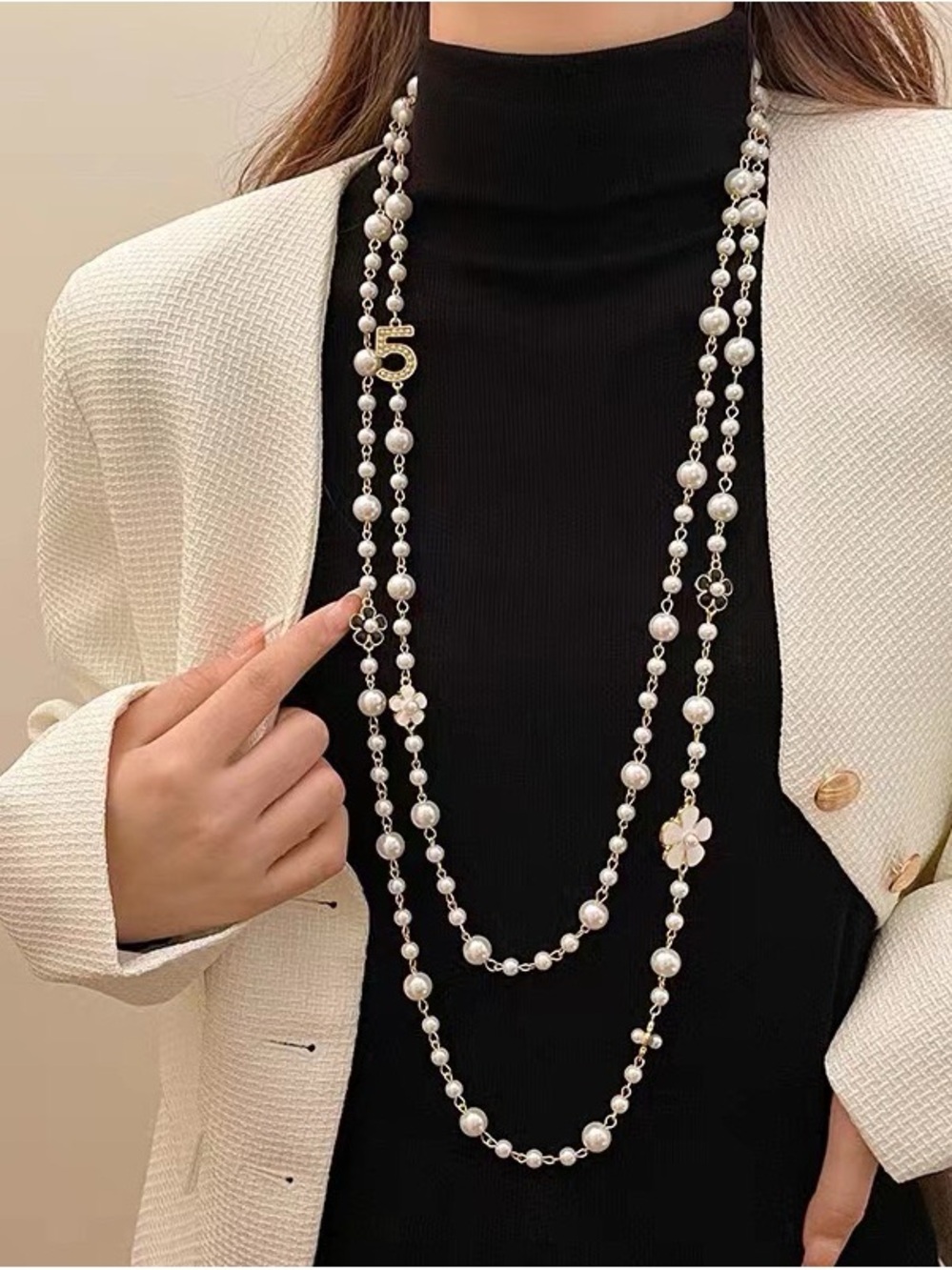 Long White Pearl Layered Necklace with Floral Accents